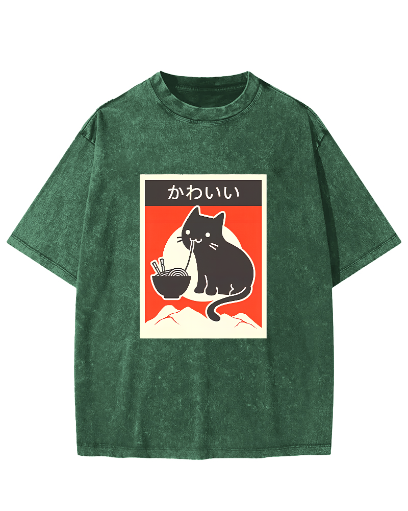 Noodle Eating Cat Japanese Style Washed T-shirt