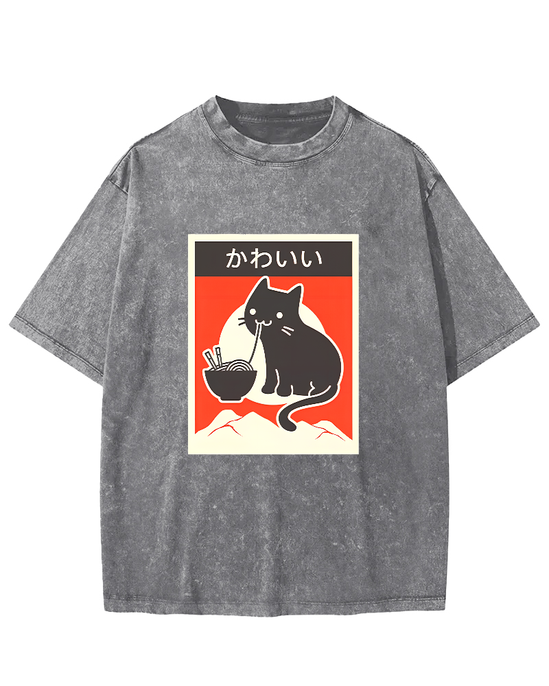Noodle Eating Cat Japanese Style Washed T-shirt