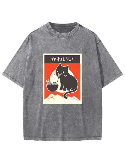 Noodle Eating Cat Japanese Style Washed T-shirt