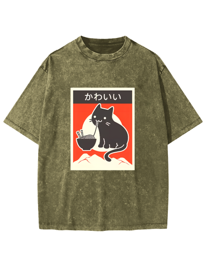 Noodle Eating Cat Japanese Style Washed T-shirt
