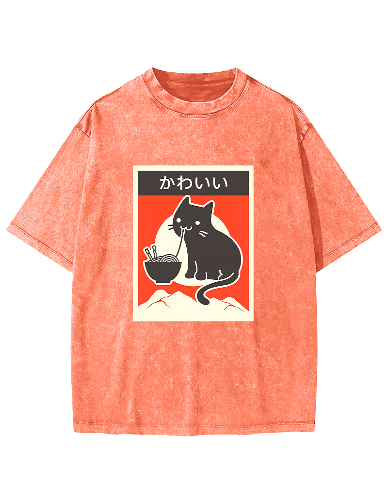 Noodle Eating Cat Japanese Style Washed T-shirt