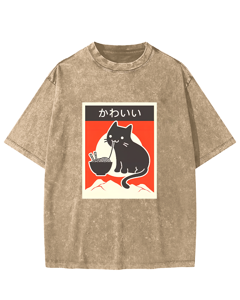 Noodle Eating Cat Japanese Style Washed T-shirt