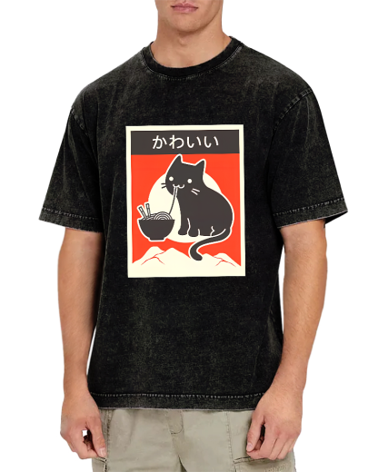 Noodle Eating Cat Japanese Style Washed T-shirt