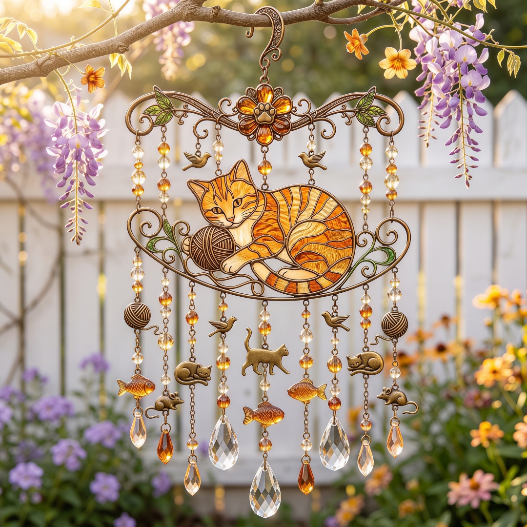 ❤️Cat Stained Glass Suncatcher Wind Chime – For Cat Lovers & Pet Owners-Definedeco