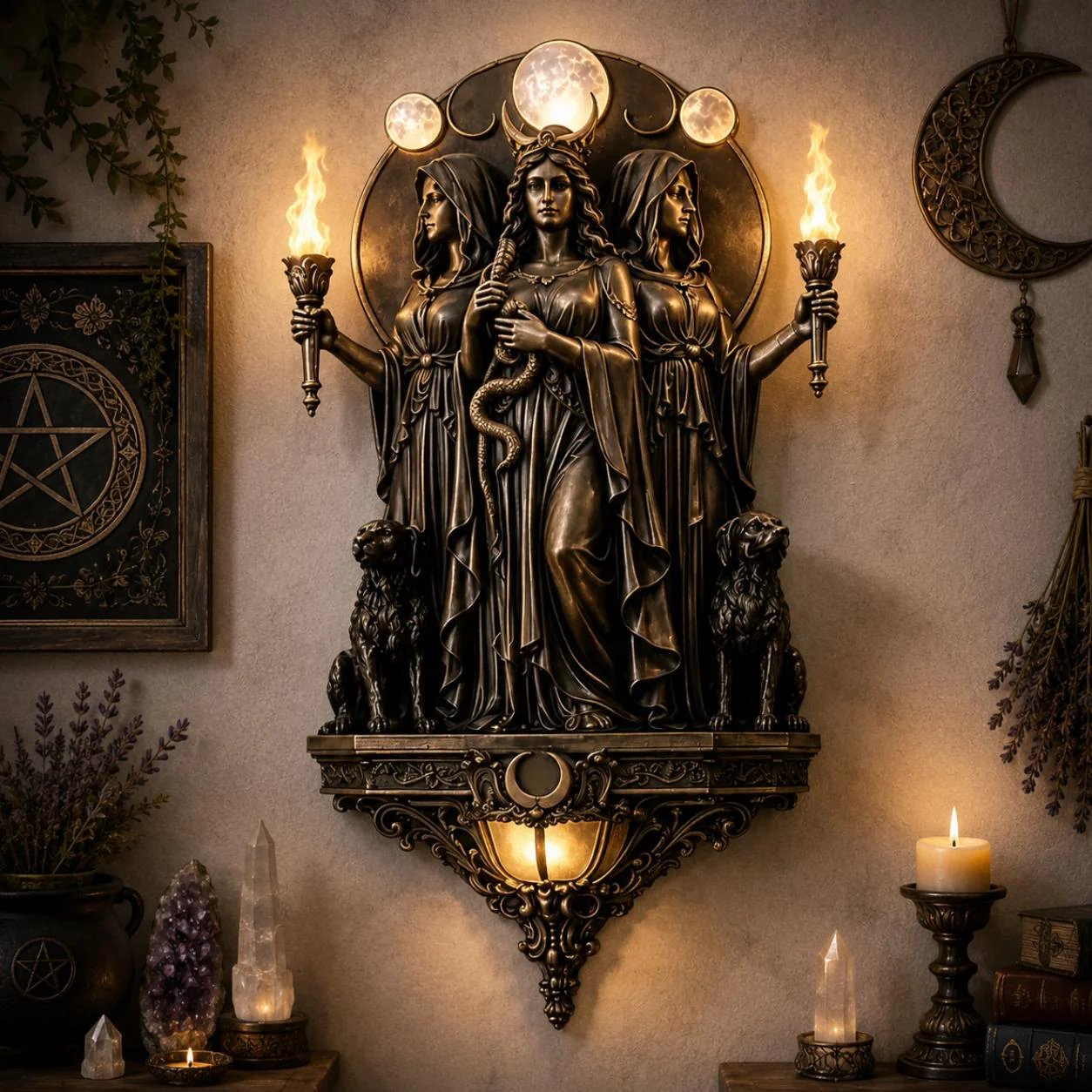 Triple Goddess Hecate LED Wall Sconce – Wiccan Witchy Torch Wall Light-Definedeco
