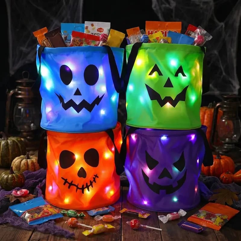 👻 Glow-in-the-Dark Halloween LED Candy Basket  Bags🎃5 Pack Pumpkin Trick or Treat Bags with Glow Lights for Kids, Parties & Halloween Decorations-Definedeco