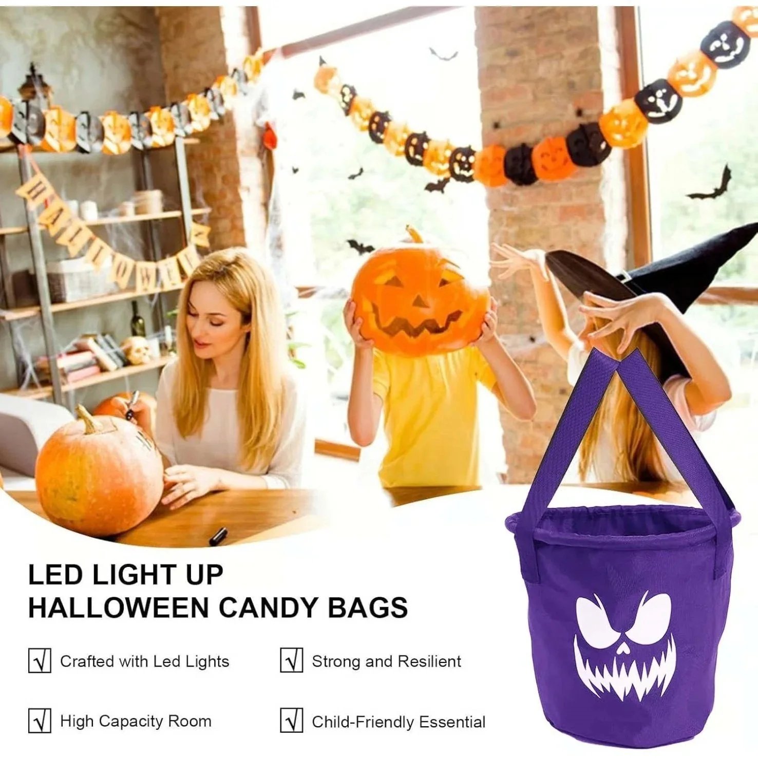 👻 Glow-in-the-Dark Halloween LED Candy Basket  Bags🎃5 Pack Pumpkin Trick or Treat Bags with Glow Lights for Kids, Parties & Halloween Decorations-Definedeco