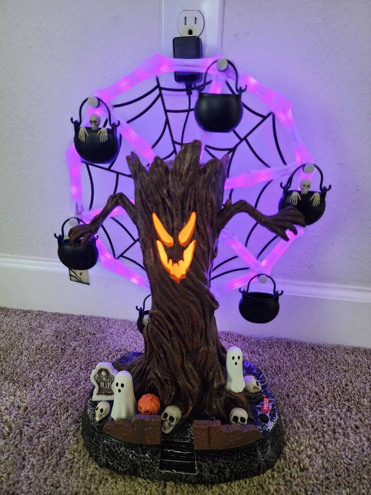 Rotating Halloween Ghost Tree Ferris Wheel Table Decor, LED Light Up Skeleton Spider Web Spooky Figurine with Sound-Definedeco