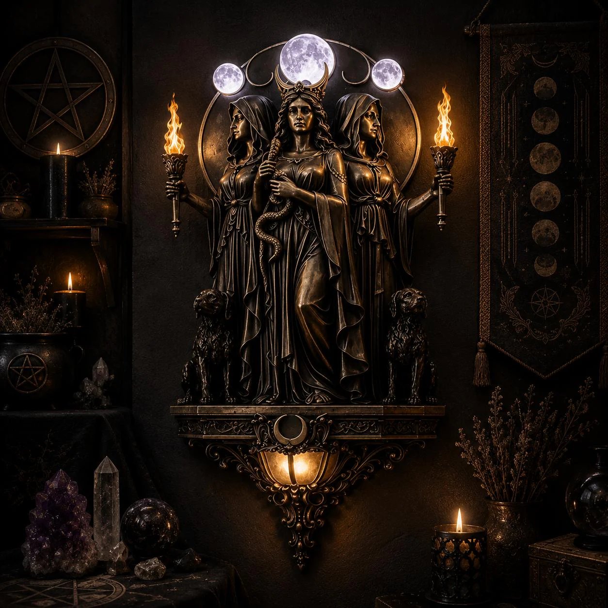 Triple Goddess Hecate LED Wall Sconce – Wiccan Witchy Torch Wall Light-Definedeco