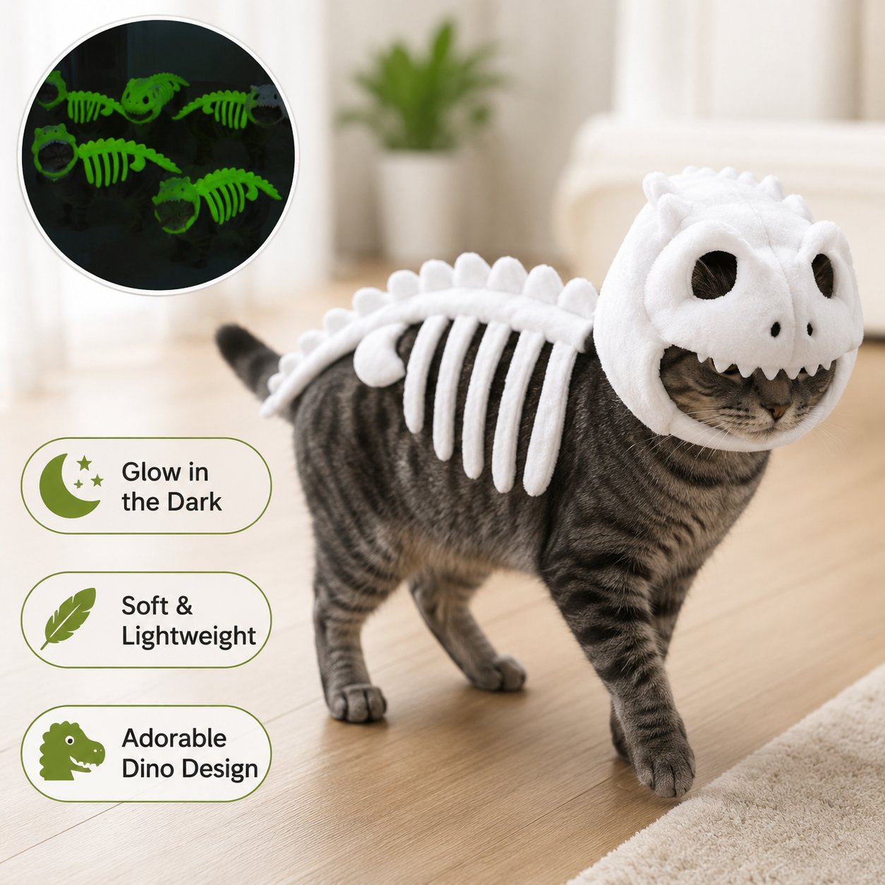 🔥 HOT SALE 🔥🦖 Glow-in-the-Dark Dinosaur Skeleton Cat Costume — Let Your Kitty Roar at Night! ✨-Definedeco