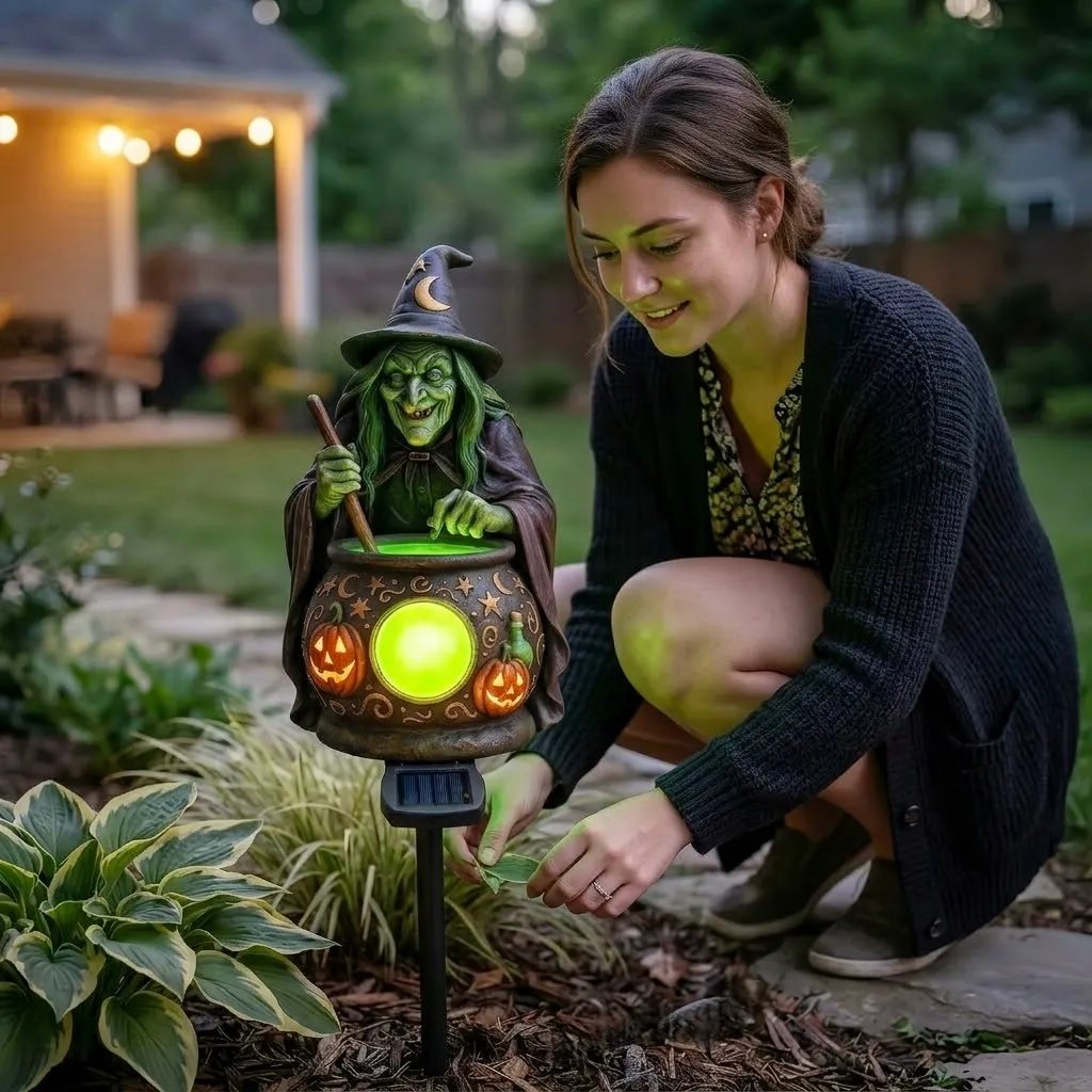Halloween Solar Witch Cauldron Garden Stake Light-Definedeco