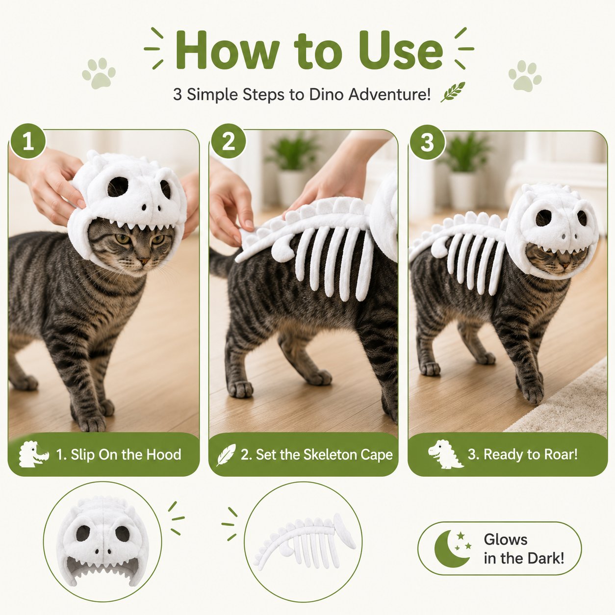 🔥 HOT SALE 🔥🦖 Glow-in-the-Dark Dinosaur Skeleton Cat Costume — Let Your Kitty Roar at Night! ✨-Definedeco