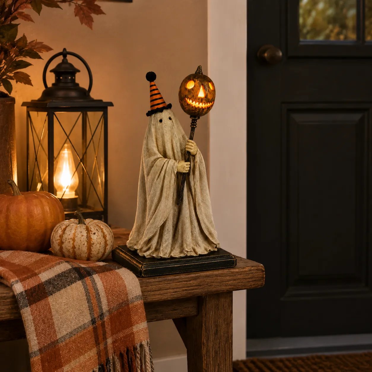 ✨🎃 Limited Seasonal Edition - 👻 Lighted Vintage Ghost Figurine with Glowing Pumpkin Staff-Definedeco