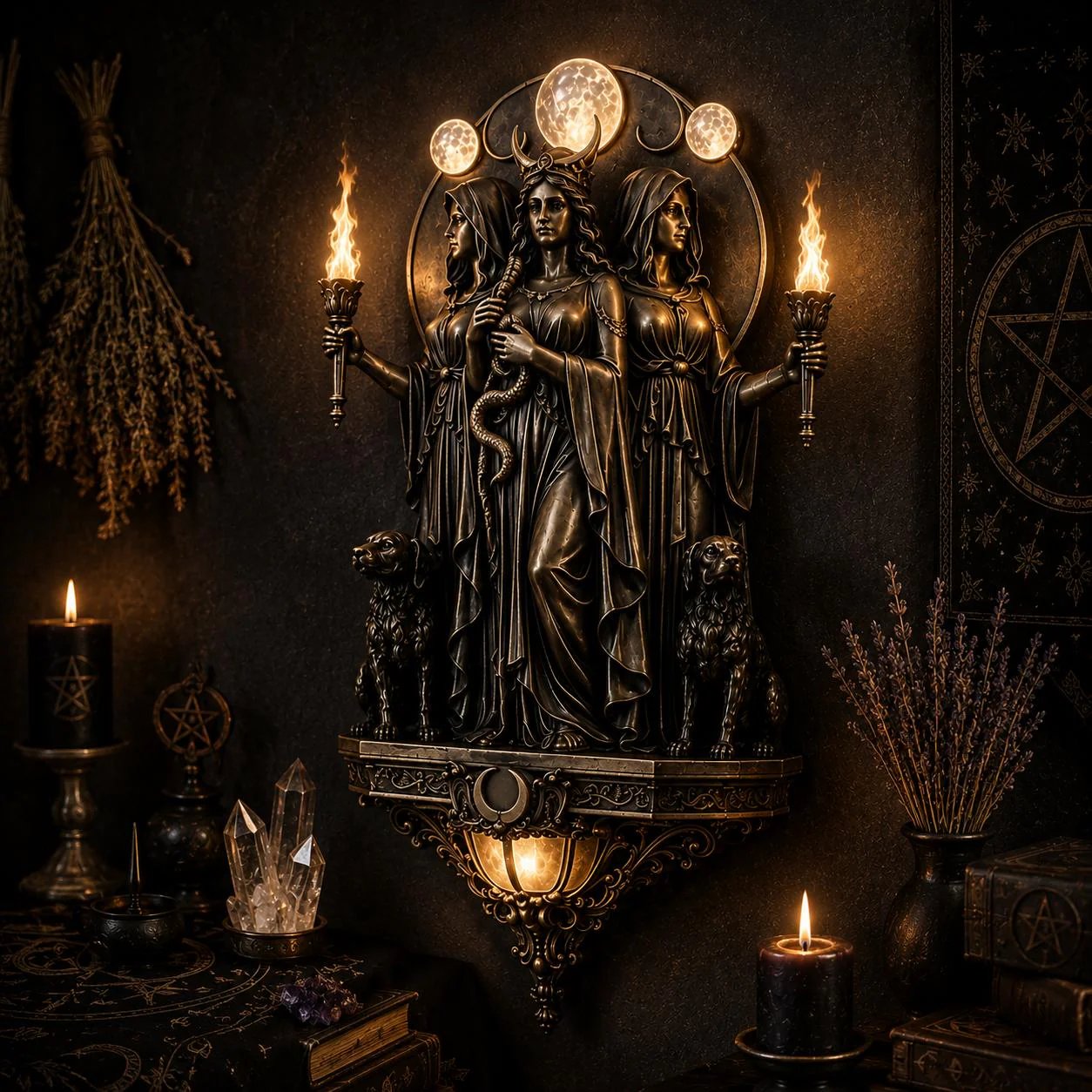 Triple Goddess Hecate LED Wall Sconce – Wiccan Witchy Torch Wall Light-Definedeco