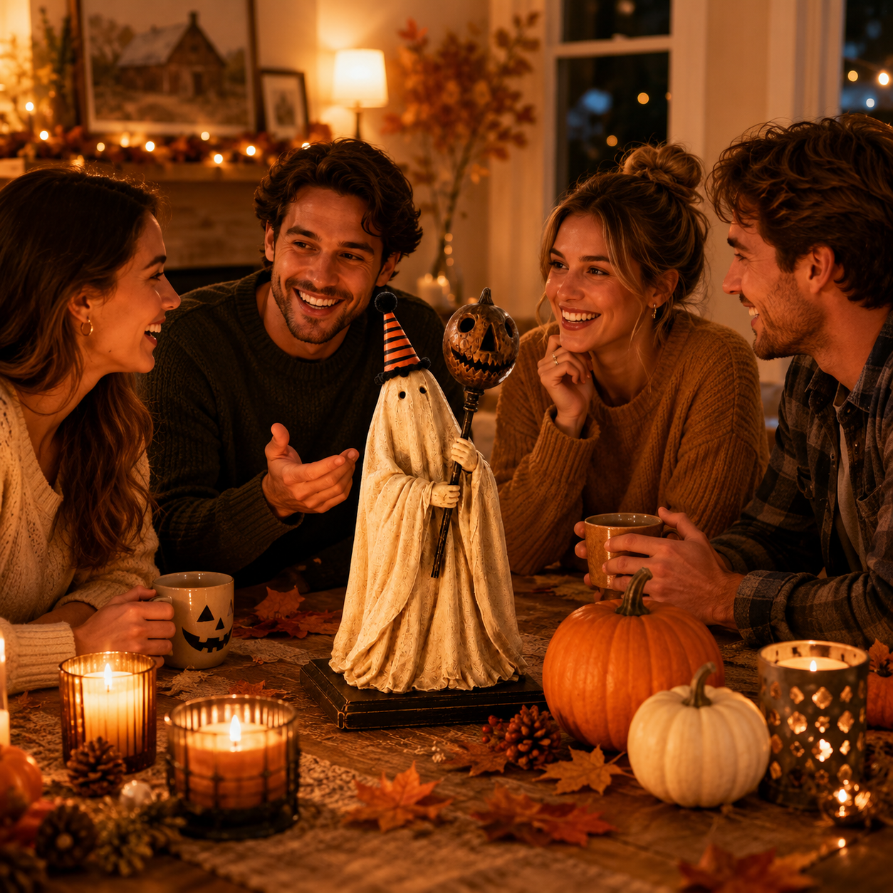 ✨🎃 Limited Seasonal Edition - 👻 Lighted Vintage Ghost Figurine with Glowing Pumpkin Staff-Definedeco
