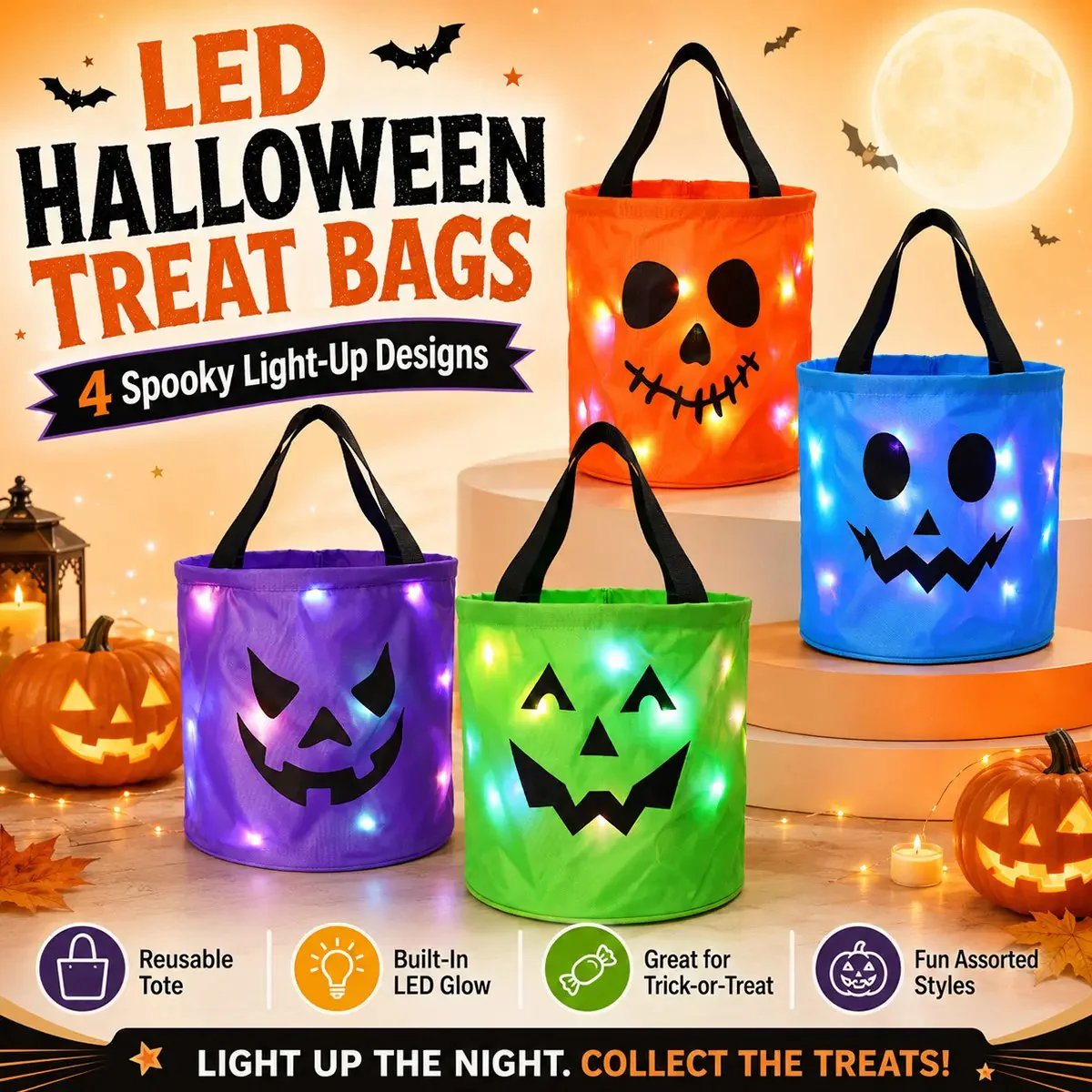 👻 Glow-in-the-Dark Halloween LED Candy Basket  Bags🎃5 Pack Pumpkin Trick or Treat Bags with Glow Lights for Kids, Parties & Halloween Decorations-Definedeco