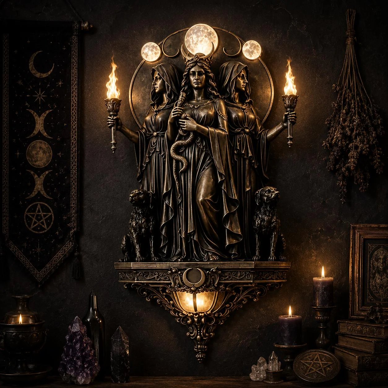 Triple Goddess Hecate LED Wall Sconce – Wiccan Witchy Torch Wall Light-Definedeco