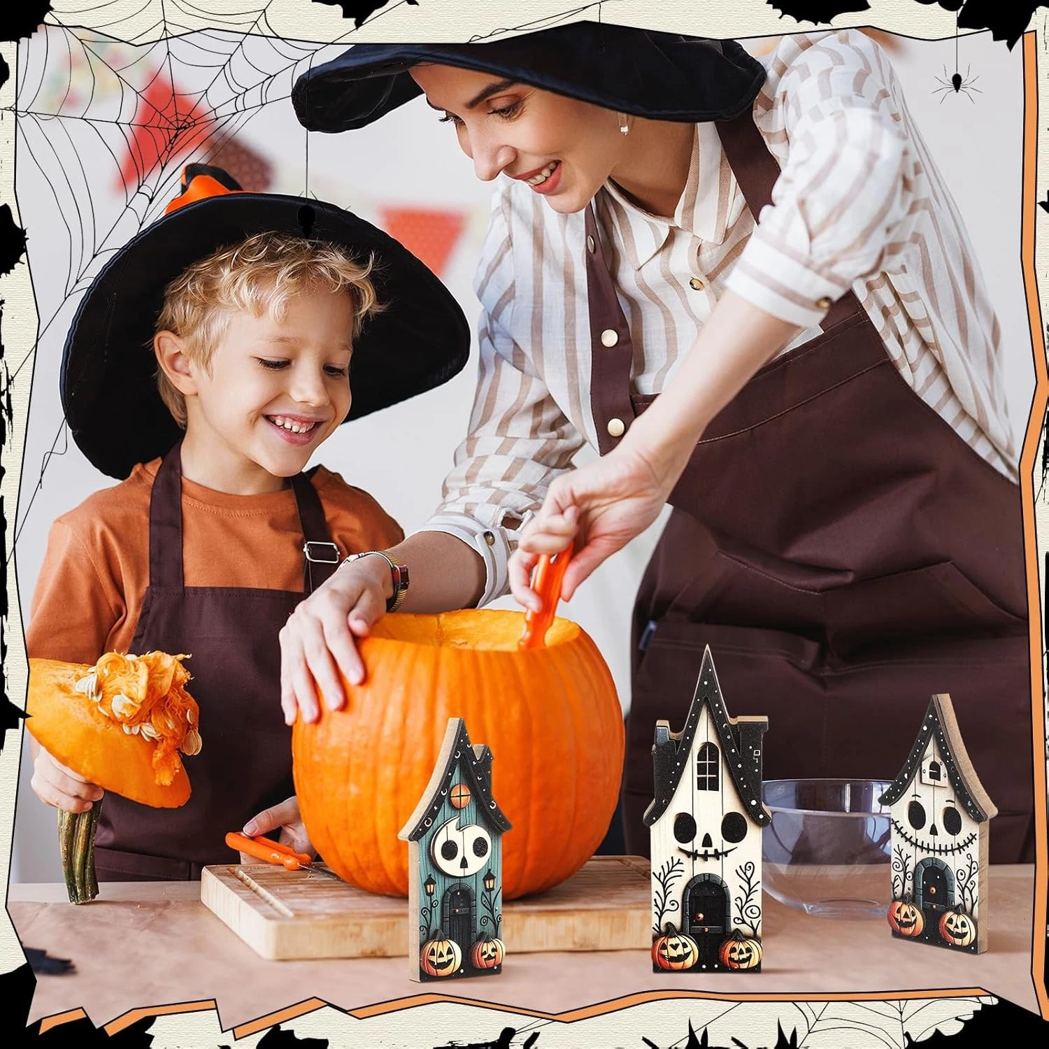 3Pc Halloween Wooden Block Signs Haunted House Pumpkin Ghost Rustic Table Decor-Definedeco