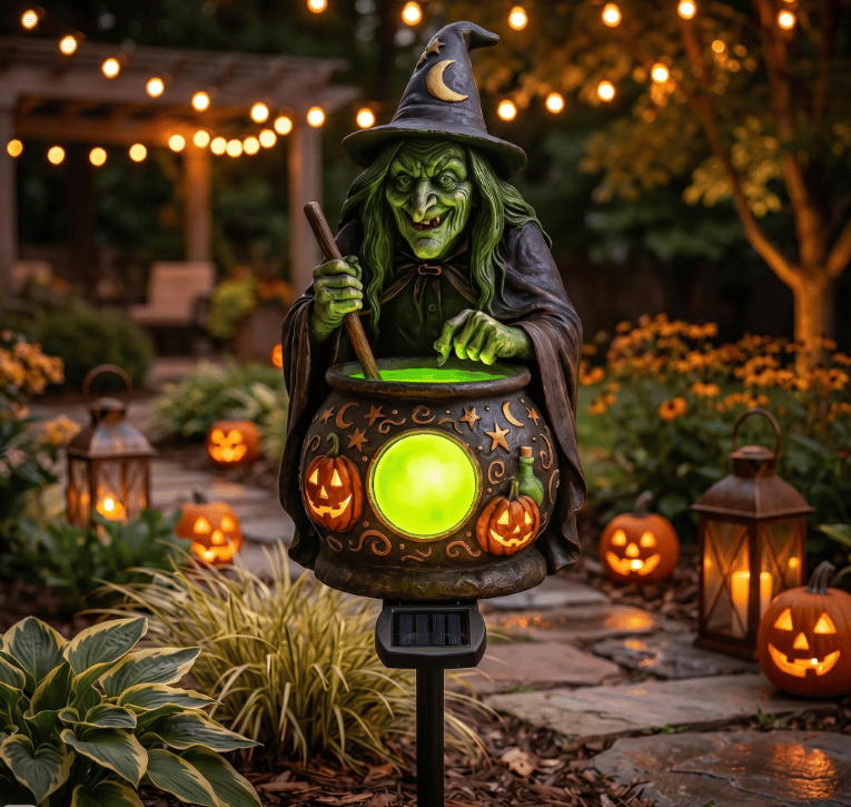 Halloween Solar Witch Cauldron Garden Stake Light-Definedeco