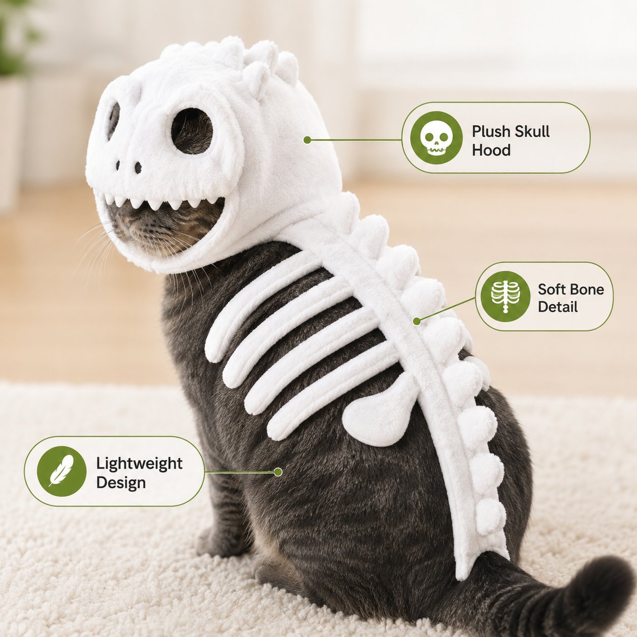 🔥 HOT SALE 🔥🦖 Glow-in-the-Dark Dinosaur Skeleton Cat Costume — Let Your Kitty Roar at Night! ✨-Definedeco