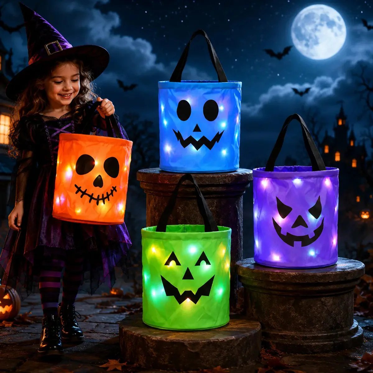 👻 Glow-in-the-Dark Halloween LED Candy Basket  Bags🎃5 Pack Pumpkin Trick or Treat Bags with Glow Lights for Kids, Parties & Halloween Decorations-Definedeco