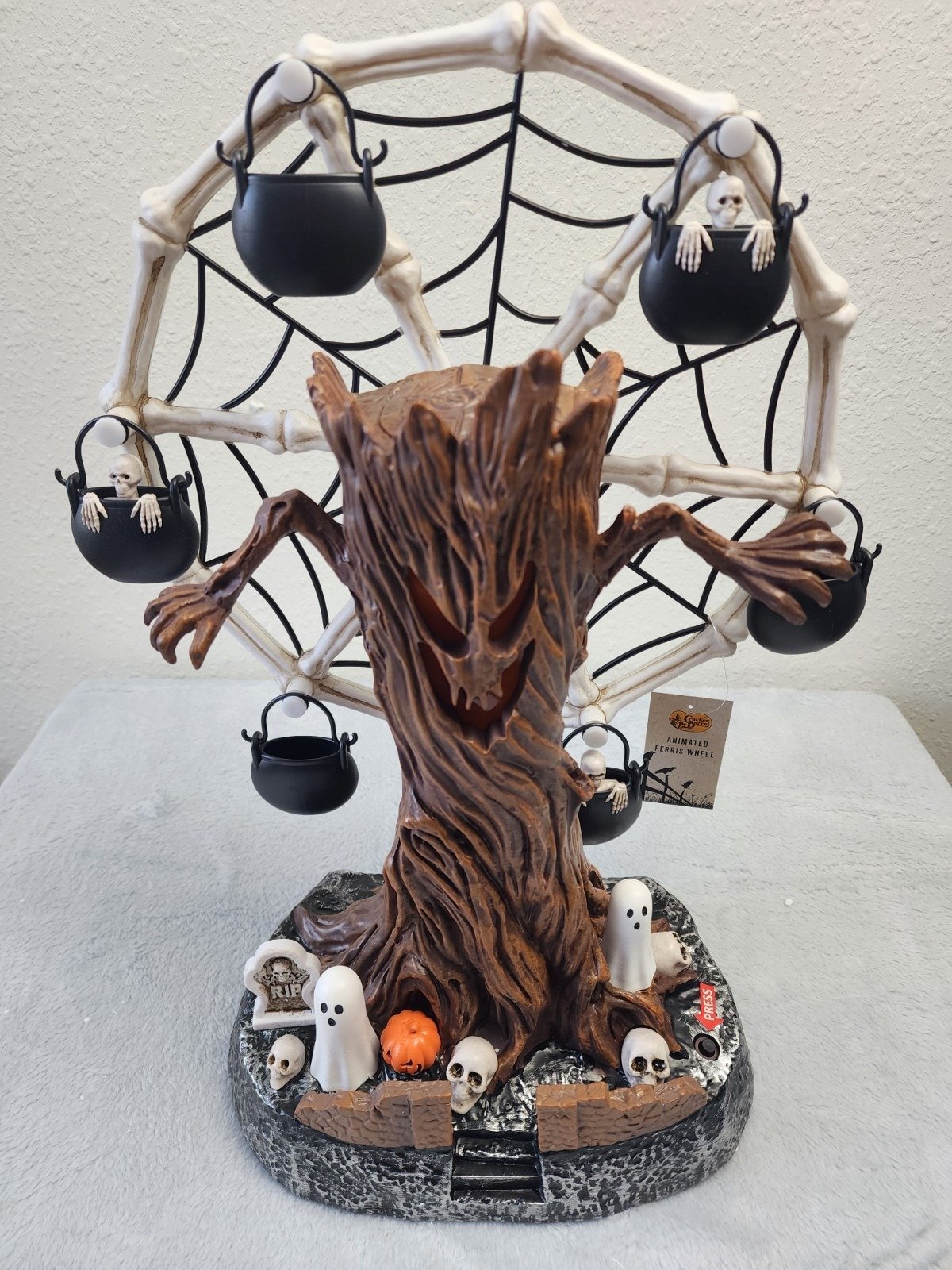 Rotating Halloween Ghost Tree Ferris Wheel Table Decor, LED Light Up Skeleton Spider Web Spooky Figurine with Sound-Definedeco