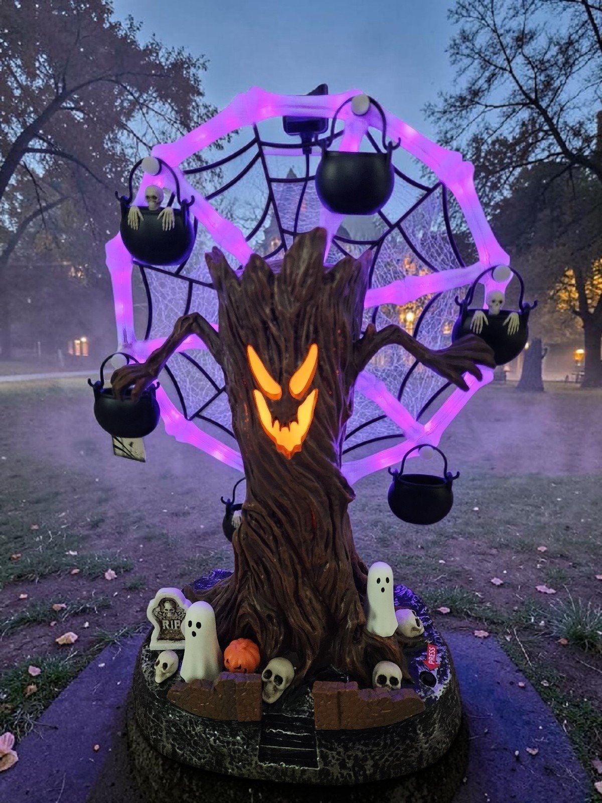 Rotating Halloween Ghost Tree Ferris Wheel Table Decor, LED Light Up Skeleton Spider Web Spooky Figurine with Sound-Definedeco
