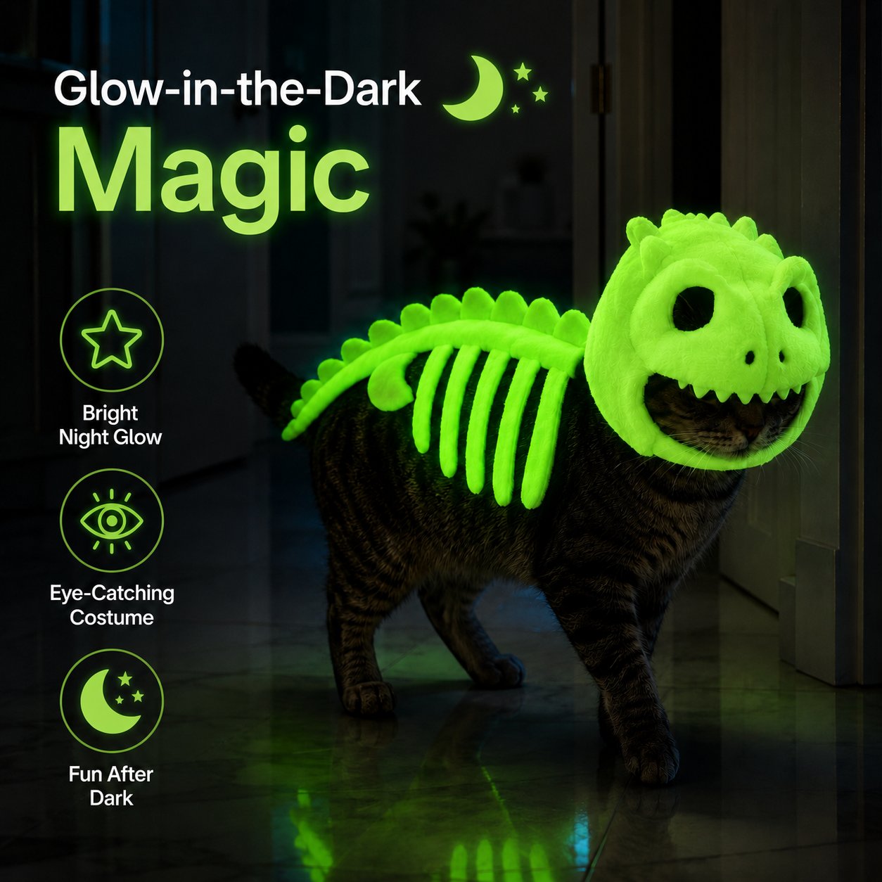 🔥 HOT SALE 🔥🦖 Glow-in-the-Dark Dinosaur Skeleton Cat Costume — Let Your Kitty Roar at Night! ✨-Definedeco