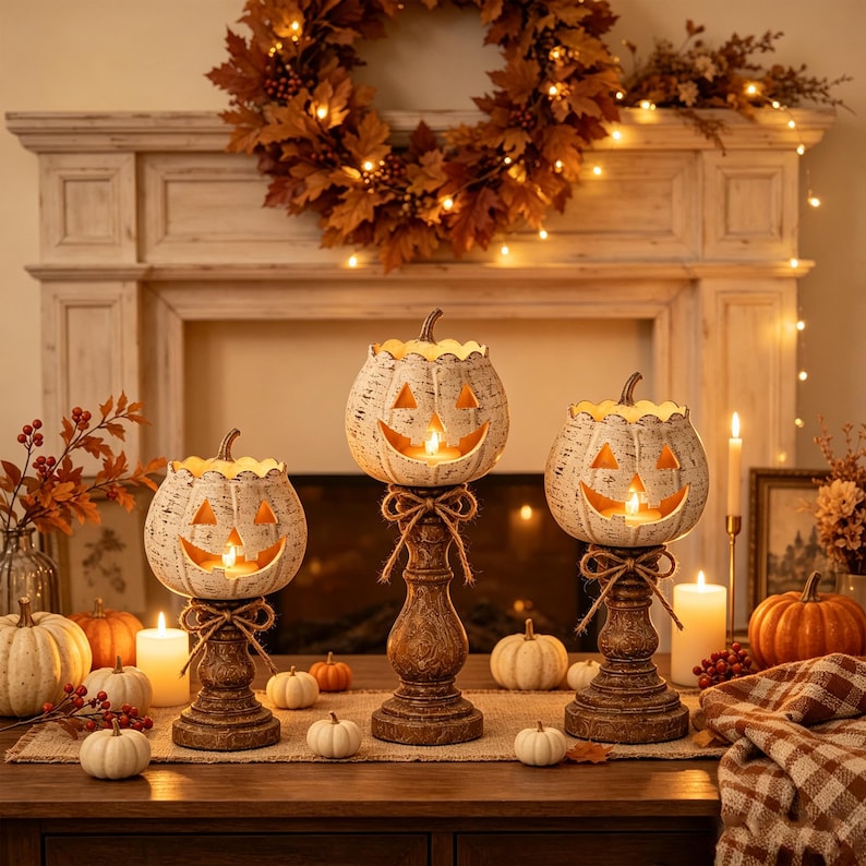 🕯   Set of 3 Rustic White Pumpkin Tealight Candle Holders  | Layered Farmhouse Fall Decor For Halloween & Thanksgiving-Definedeco