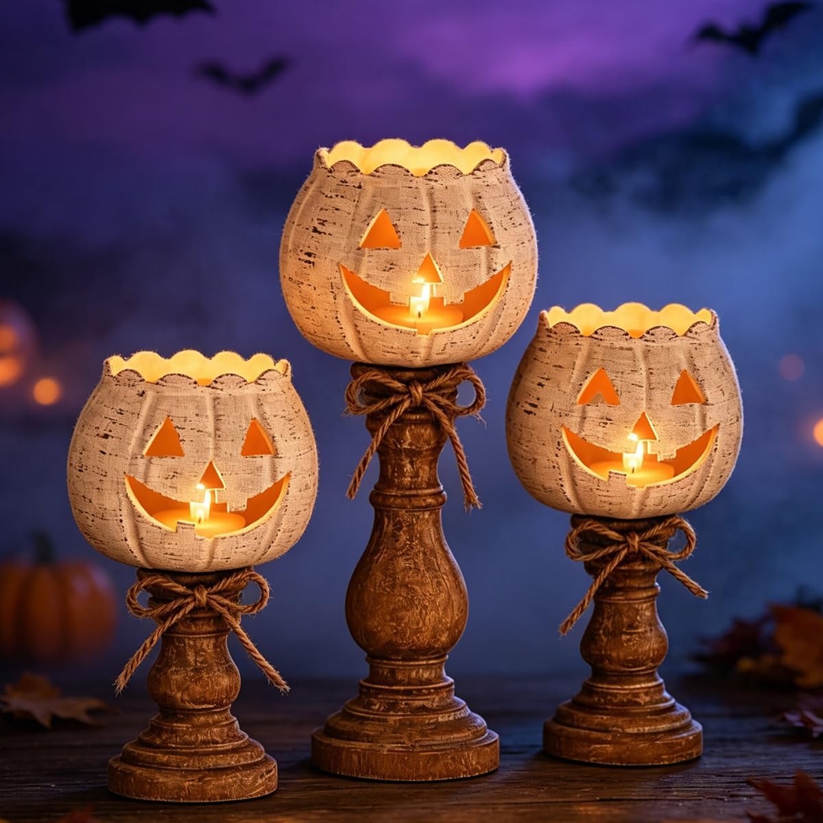 🕯   Set of 3 Rustic White Pumpkin Tealight Candle Holders  | Layered Farmhouse Fall Decor For Halloween & Thanksgiving-Definedeco
