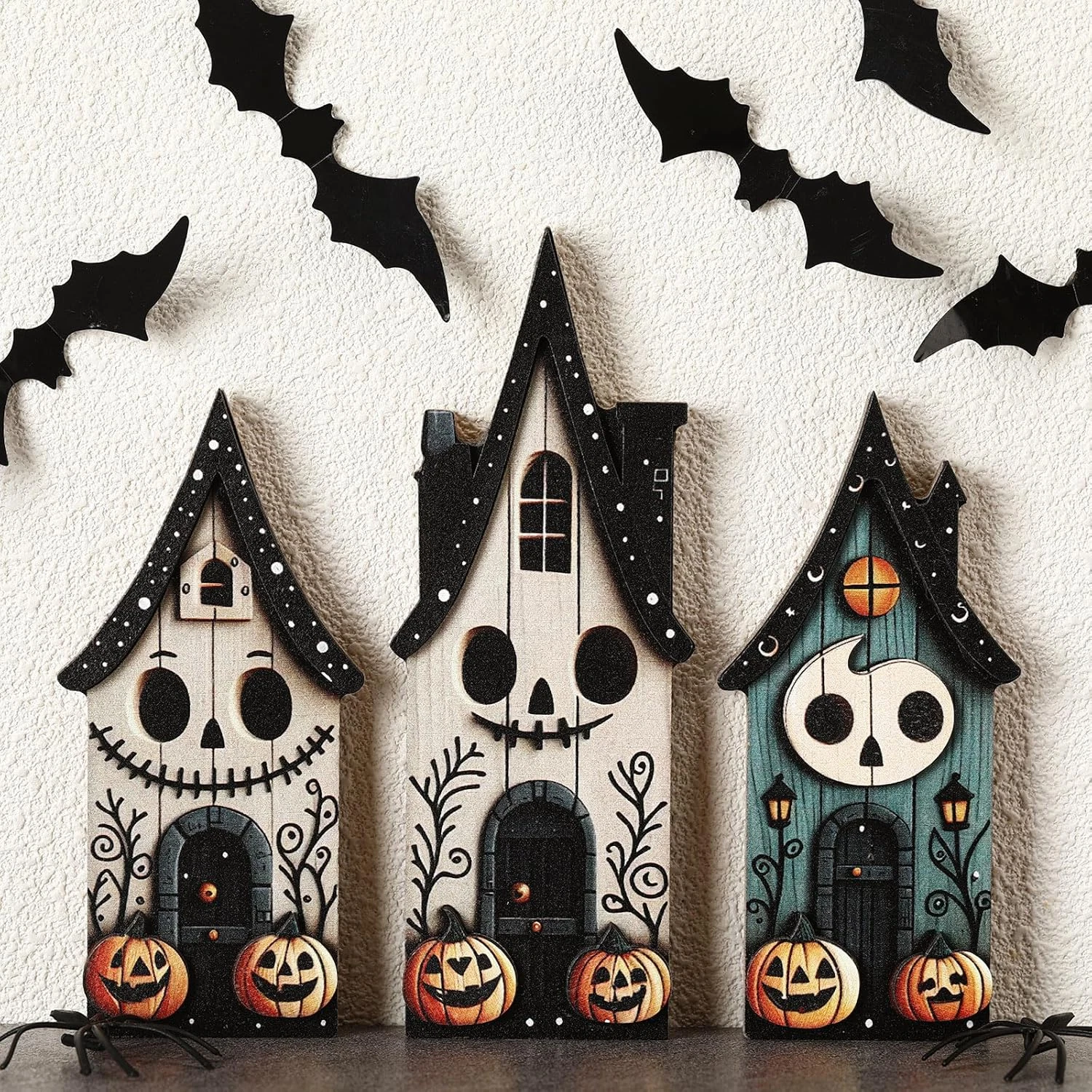 3Pc Halloween Wooden Block Signs Haunted House Pumpkin Ghost Rustic Table Decor-Definedeco