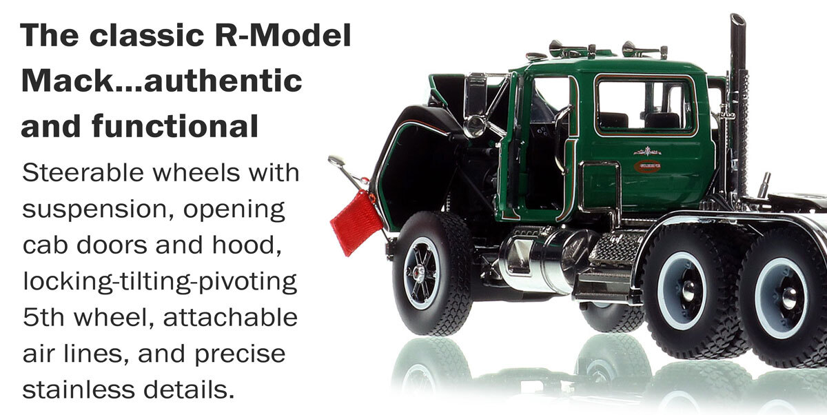 Functions of 1:50 scale diecast model of G. Greene Construction 1977 Mack R612SX tandem axle tractor