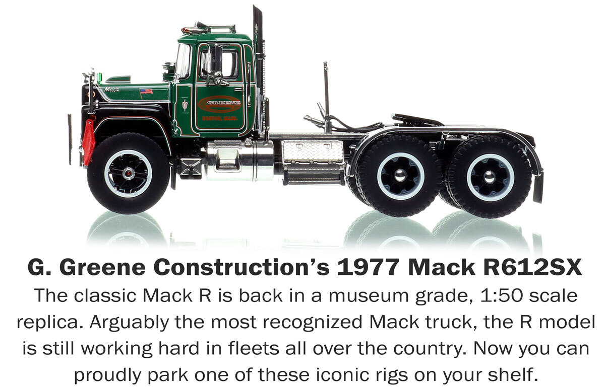 1:50 scale diecast model of G. Greene Construction 1977 Mack R612SX tandem axle tractor