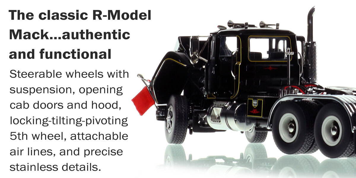 Functions of 1:50 scale diecast model of D. Rounds Trucking 1979 Mack R686 tandem axle tractor