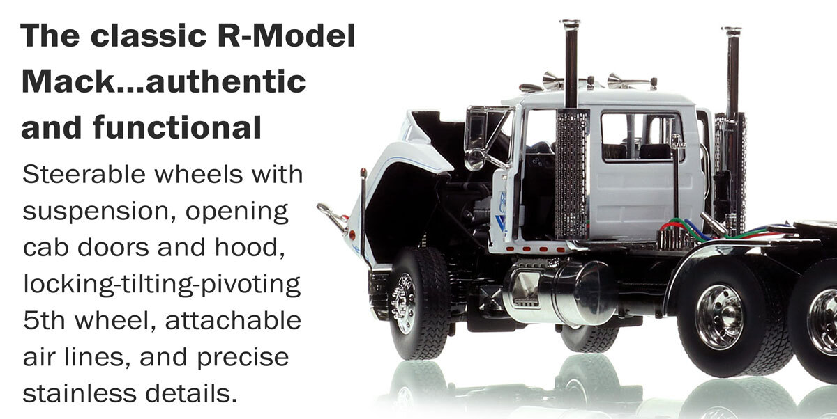 Functions of 1:50 scale diecast model of Brian Blair 1987 Mack R600 tandem axle tractor