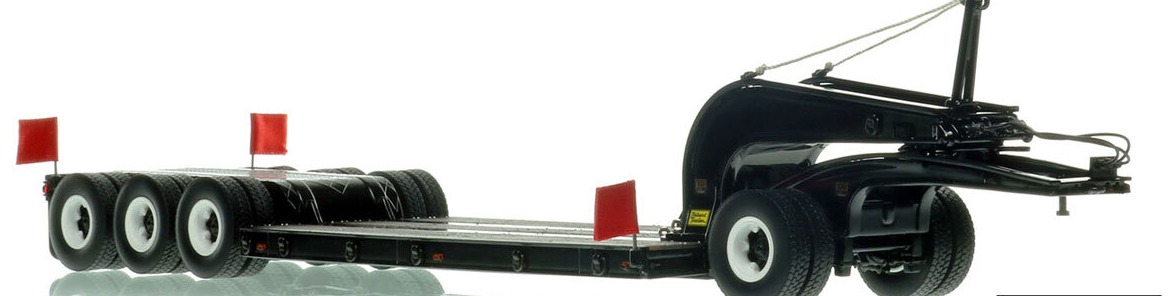 1:50 scale model of 1960s Talbert 60-Ton Cableneck Lowbed with Single-Axle Dolly - Black