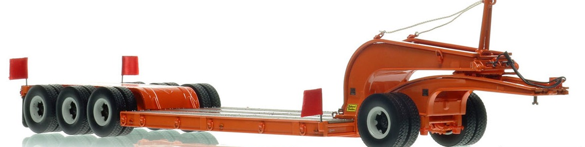 1:50 scale model of  1960s Talbert 60-Ton Cableneck Lowbed with Single-Axle Dolly - Orange 2010