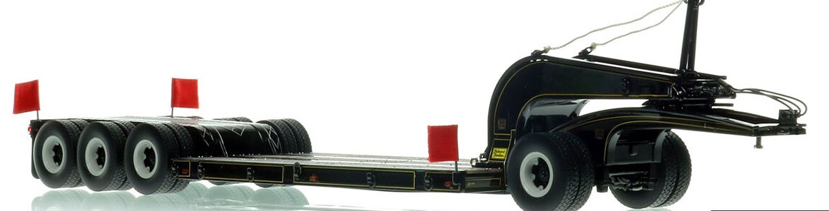 1:50 scale model of  1960s Talbert 60-Ton Cableneck Lowbed with Single-Axle Dolly - Black with Gold Pinstripes