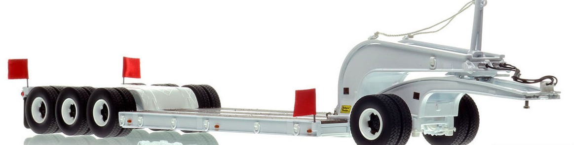 1:50 scale model of 1960s Talbert 60-Ton Cableneck Lowbed with Single-Axle Dolly - White 9003