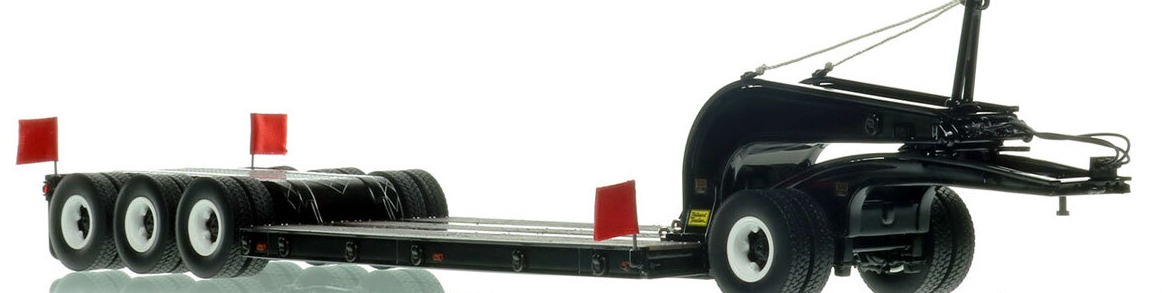 1:50 scale model of 1960s Talbert 60-Ton Cableneck Lowbed with Single-Axle Dolly - Black