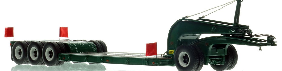 1:50 scale model of  1960s Talbert 60-Ton Cableneck Lowbed with Single-Axle Dolly - Green 6005