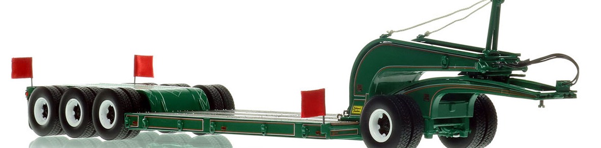 1:50 scale model of 1960s Talbert 60-Ton Cableneck Lowbed with Single-Axle Dolly - Greene Const. Green