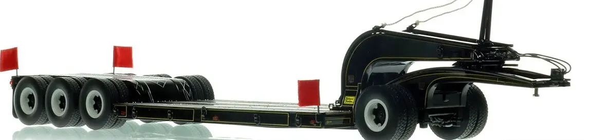 1:50 scale model of 1960s Talbert 60-Ton Cableneck Lowbed with Single-Axle Dolly - Black with Gold Pinstripes