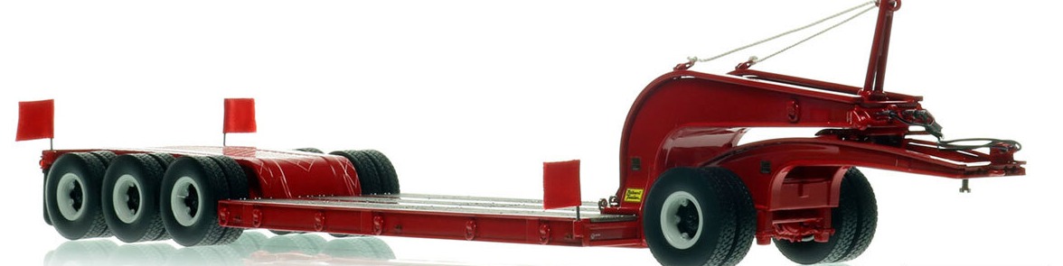 1:50 scale model of https://heavyhaulreplicas.com/1960s-talbert-60-ton-cableneck-lowbed-with-single-axle-dolly-dhh-red/
