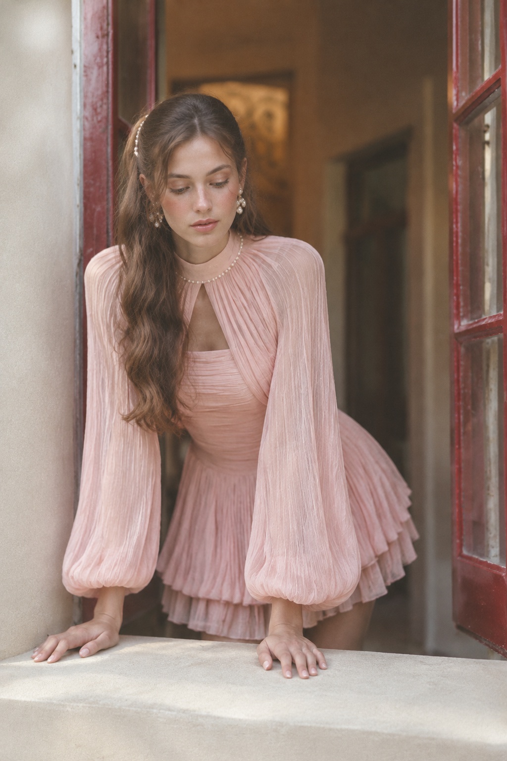 Blush Cape-Sleeve Mini Dress