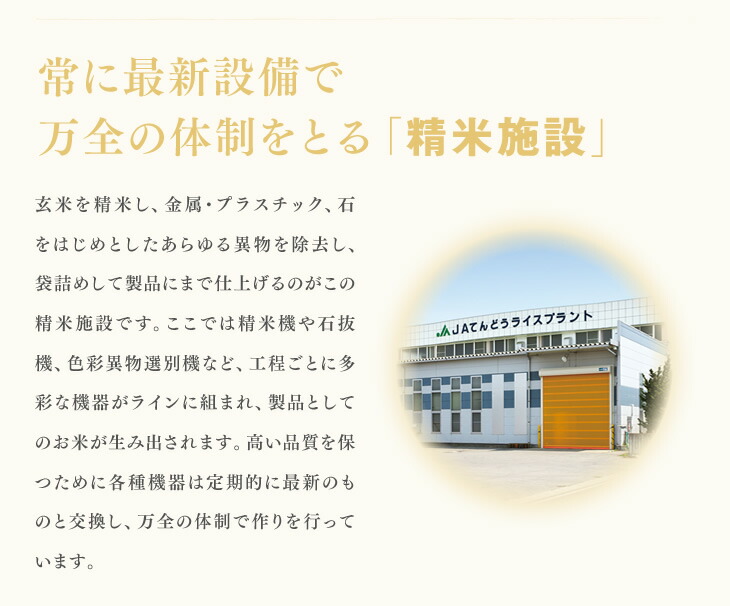常に最新設備で万全の体制をとる「精米施設」：玄米を精米し、金属・プラスチック、石をはじめとしたあらゆる異物を除去し、袋詰めして製品にまで仕上げるのがこの精米施設です。ここでは精米機や石抜機、色彩異物選別機など、工程ごとに多彩な機器がラインに組まれ、製品としてのお米が生み出されます。高い品質を保つために各種機器は定期的に最新のものと交換し、万全の体制で作りを行っています。 | ジェイエイてんどうフーズの充実した施設と徹底した管理方法で美味しいお米が作られます。
