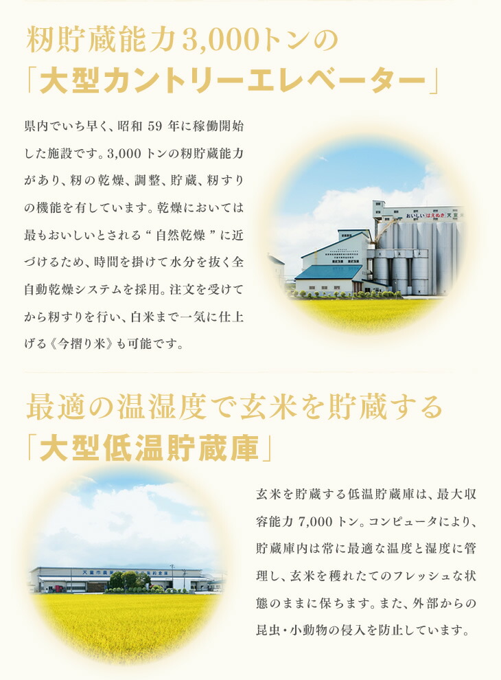 籾貯蔵能力3,000トンの「大型カントリーエレベーター」：県内でいち早く、昭和59年に稼働開始した施設です。3,000トンの籾貯蔵能力があり、籾の乾燥、調整、貯蔵、籾すりの機能を有しています。乾燥においては最もおいしいとされる&ldquo;自然乾燥&rdquo;に近づけるため、時間を掛けて水分を抜く全自動乾燥システムを採用。注文を受けてから籾すりを行い、白米まで一気に仕上げる《今摺り米》も可能です。 | 最適の温湿度で玄米を貯蔵する「大型低温貯蔵庫」：玄米を貯蔵する低温貯蔵庫は、最大収容能力7,000トン。コンピュータにより、貯蔵庫内は常に最適な温度と湿度に管理し、玄米を穫れたてのフレッシュな状態のままに保ちます。また、外部からの昆虫・小動物の侵入を防止しています。
