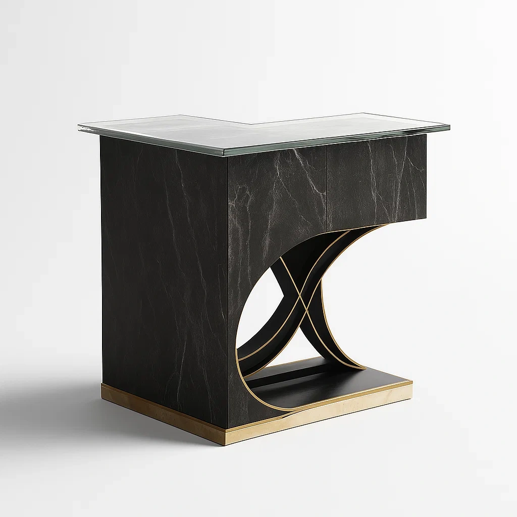 Bancone bar in vetro temperato con base in legno e accenti decorativi-granddecora