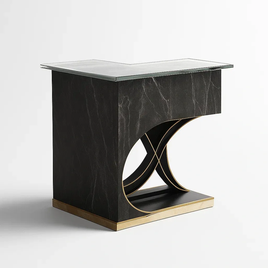 Bancone bar in vetro temperato con base in legno e accenti decorativi-granddecora