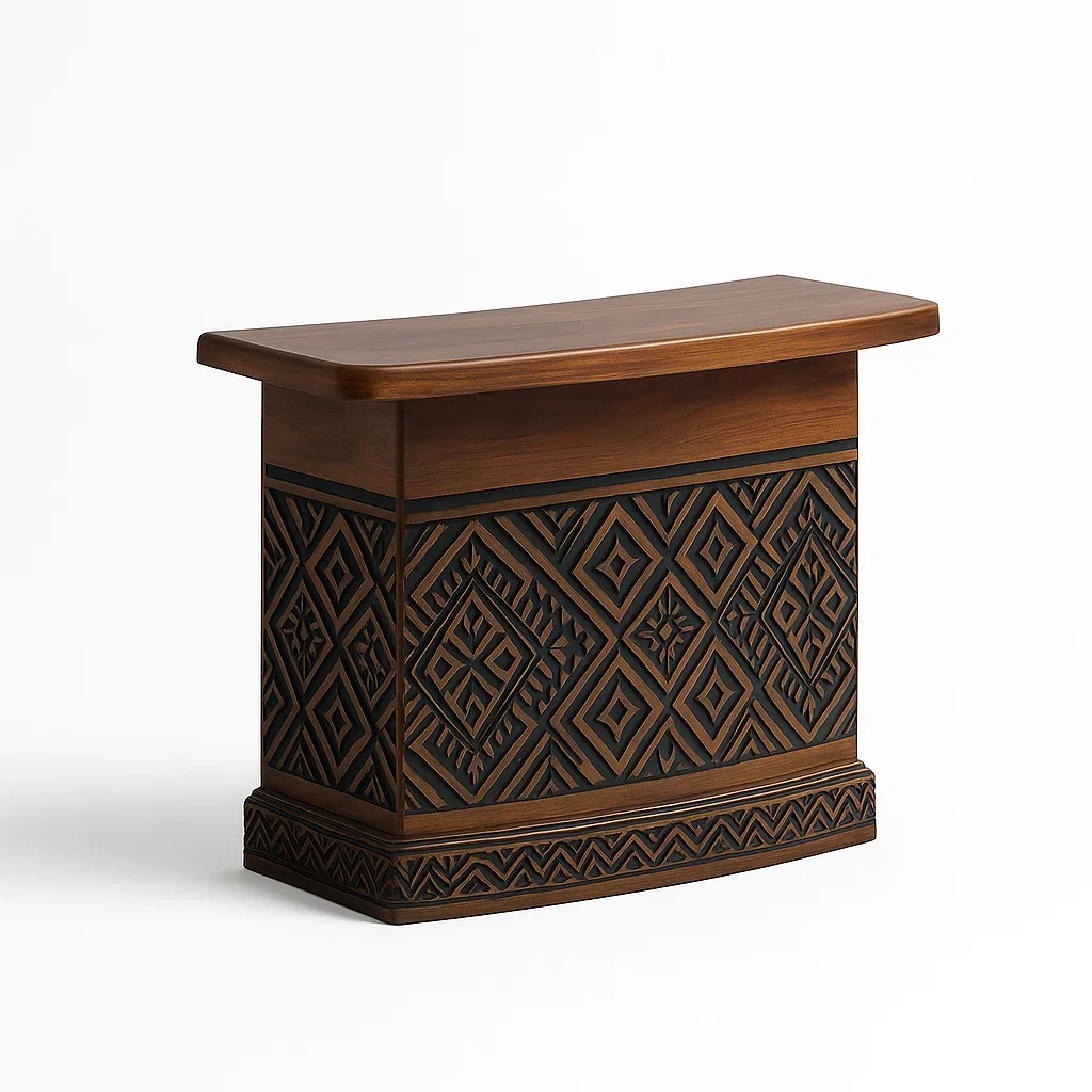 Bancone bar in legno massello intagliato con motivi geometrici-granddecora